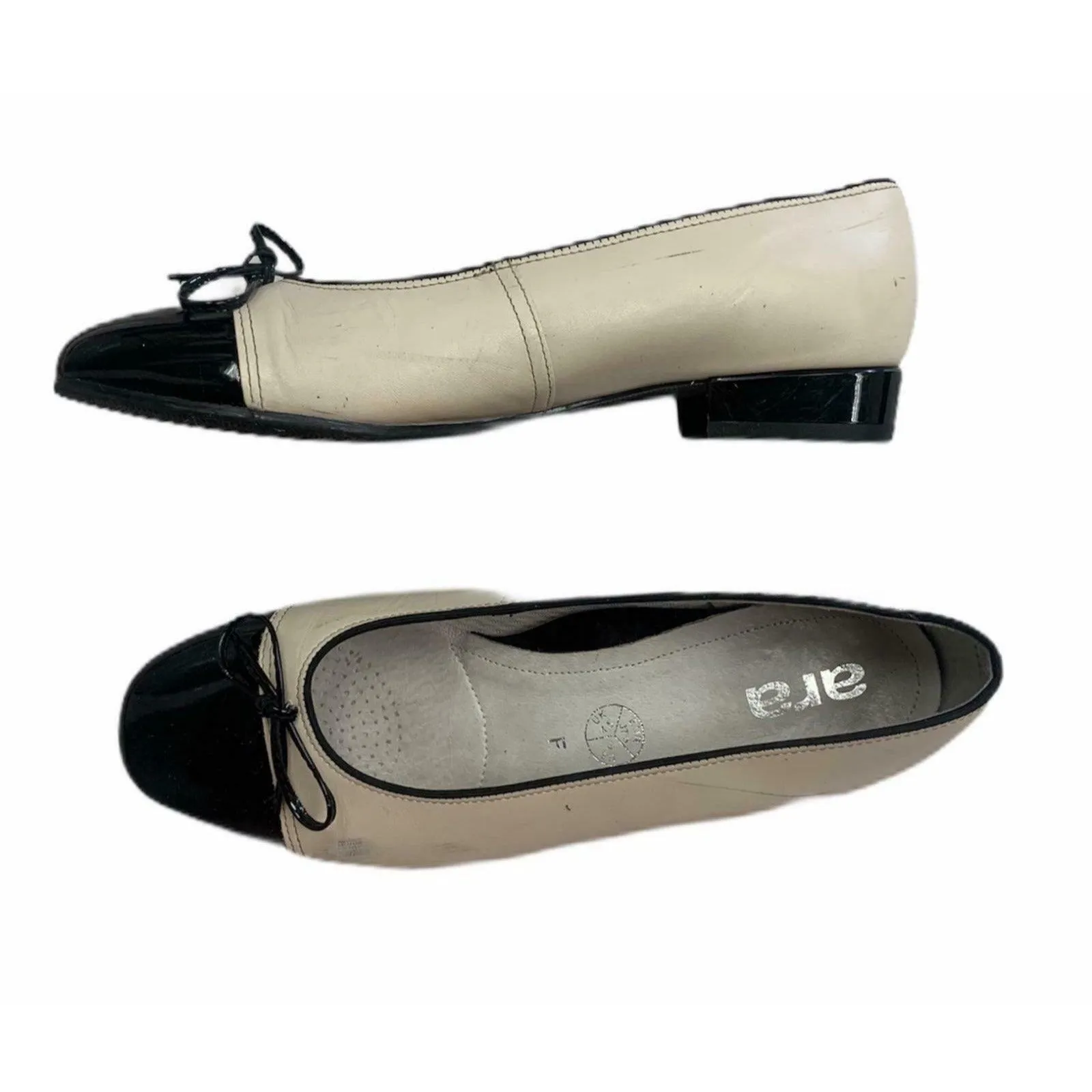 ARA Cap Toe Pumps Block Heels Leather Comfort Size 7 US 4.5 UK Black Ivory