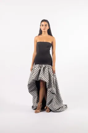 Aria Gown| Black Neoprene Fitted Bodice with Contrast Polka Dot High-Low Skirt