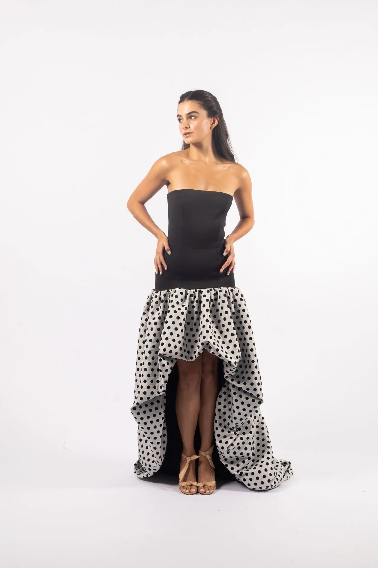 Aria Gown| Black Neoprene Fitted Bodice with Contrast Polka Dot High-Low Skirt
