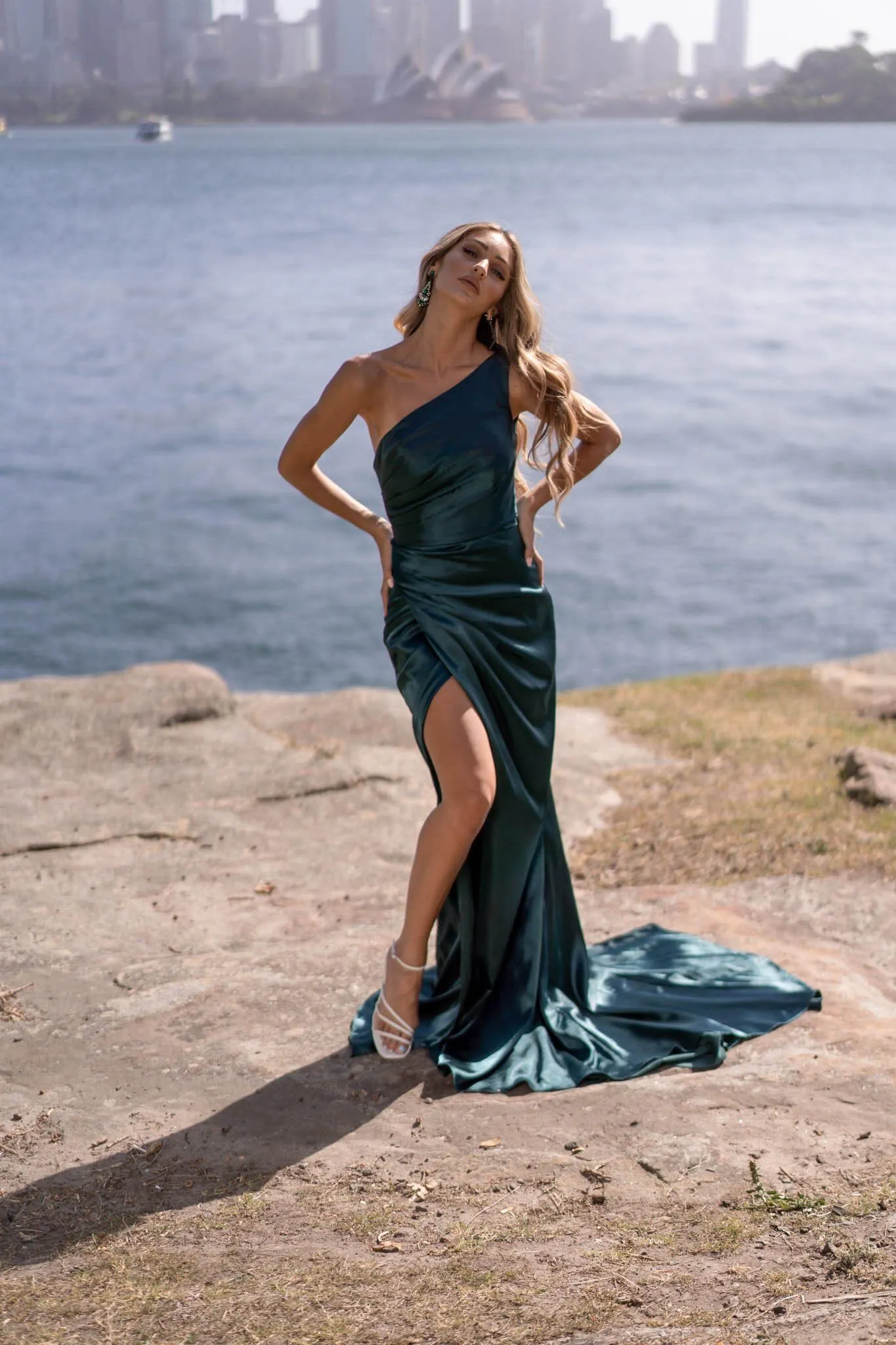 Kendra One Shoulder Satin Gown - Emerald