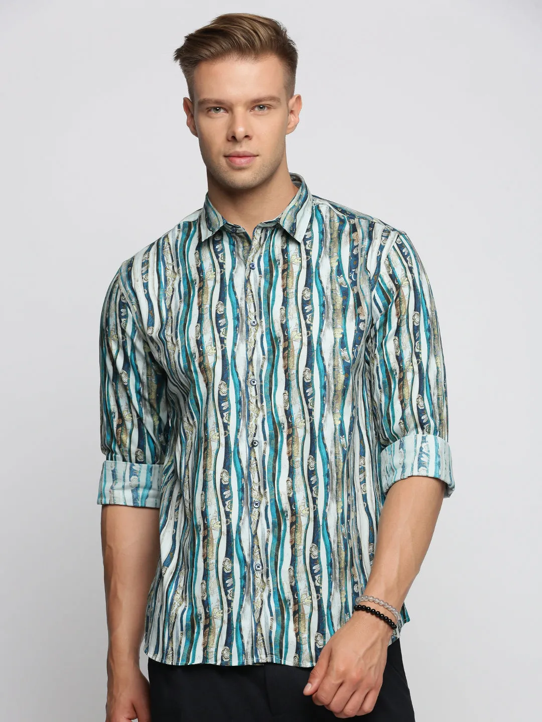 Men Blue Spread Collar Multi Stripes Shirt