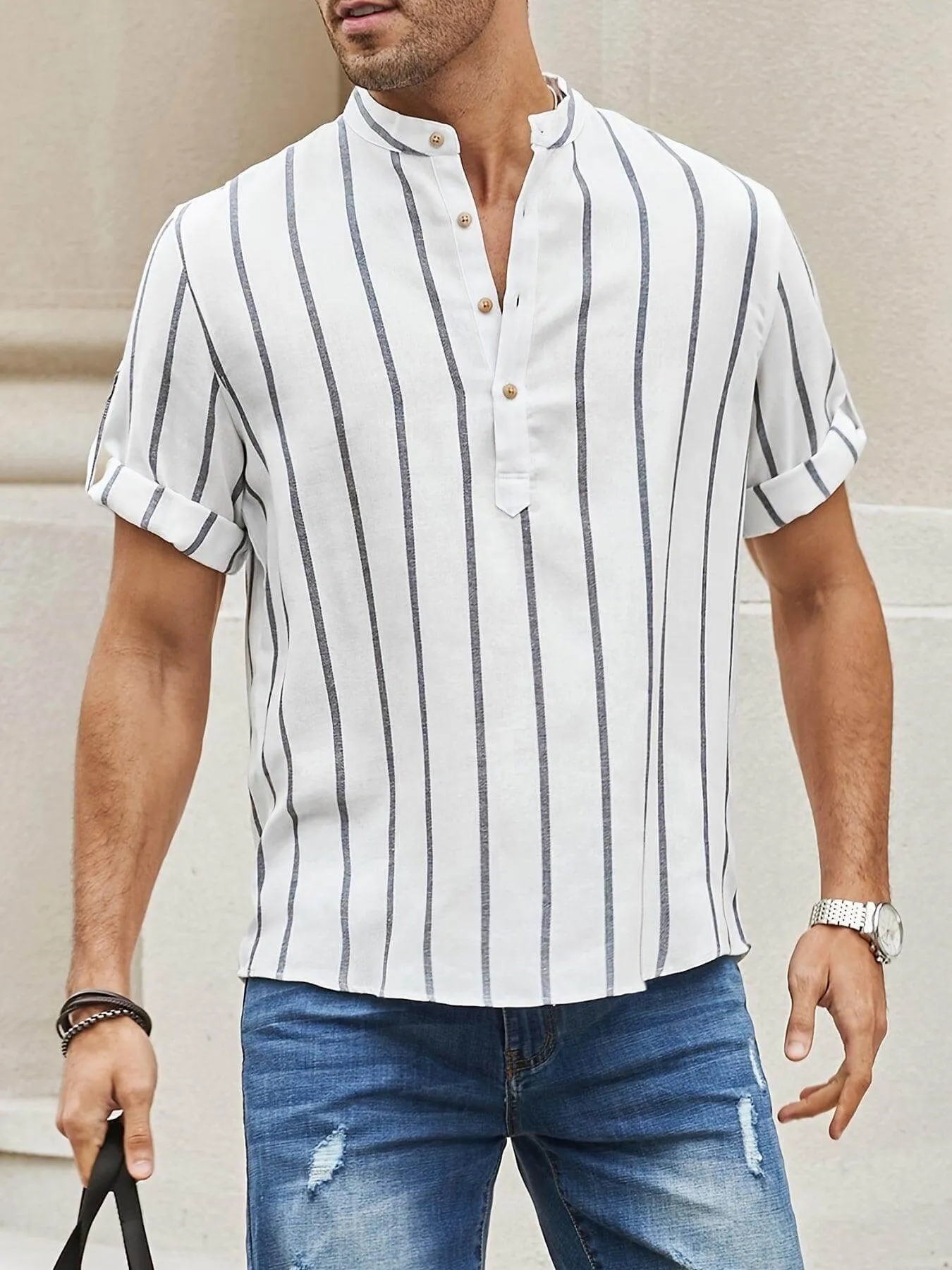 Men's Relaxed Fit Short Sleeve Shirt: Vertical Stripes