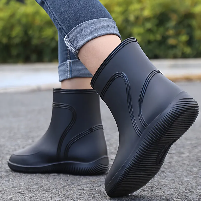 Men's Solid Color High Top Waterproof Rain Boots, Comfy Non Slip Durable Casual Water Shoes For Men's Rainy Day Outdoor Activities