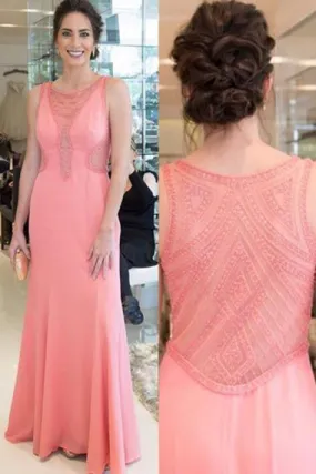 Mermaid Crew Floor-Length Watermelon Stretch Satin Prom Dress with Beading AHC687