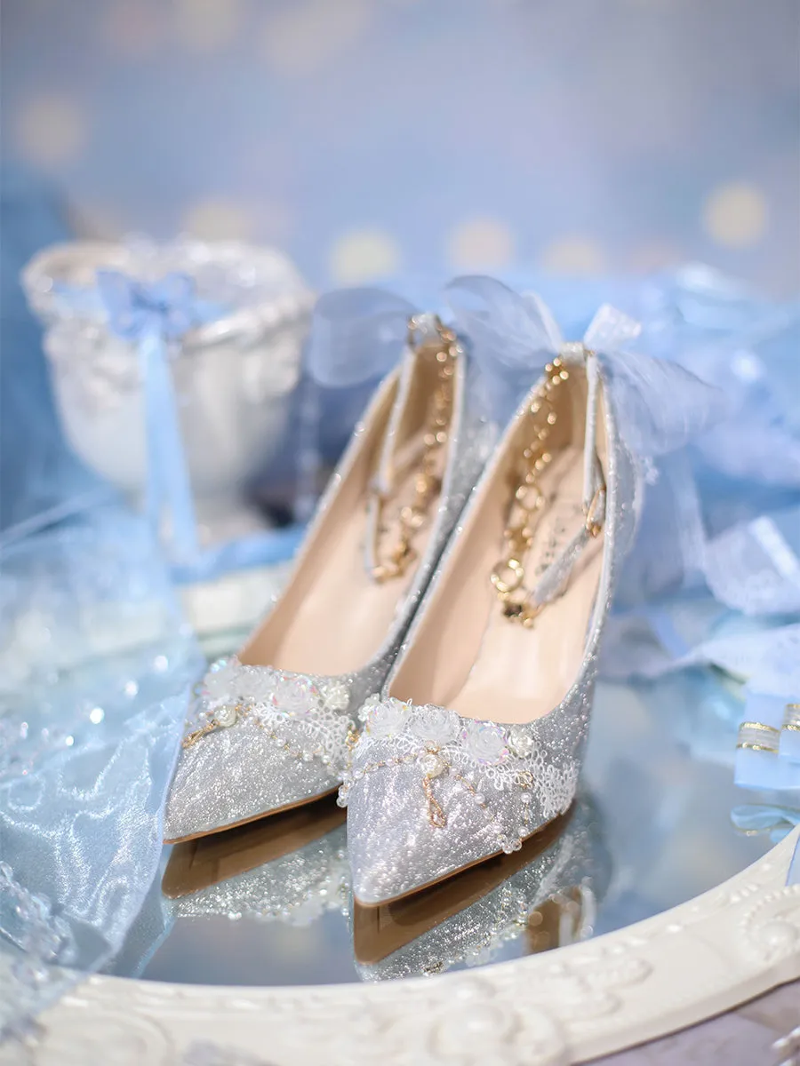 Sky Rabbit~Flowing Light Ode~Thick Heels Silver Lolita Shoes