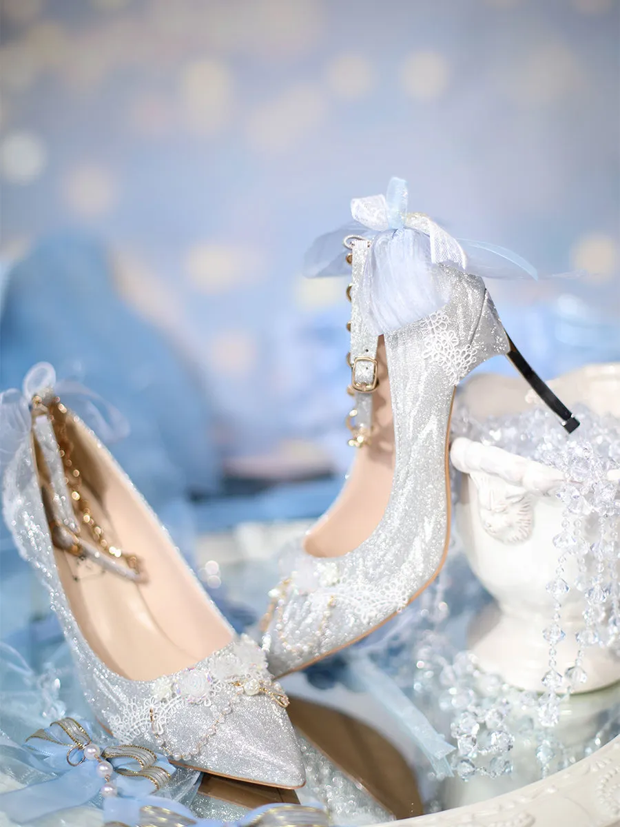 Sky Rabbit~Flowing Light Ode~Thick Heels Silver Lolita Shoes