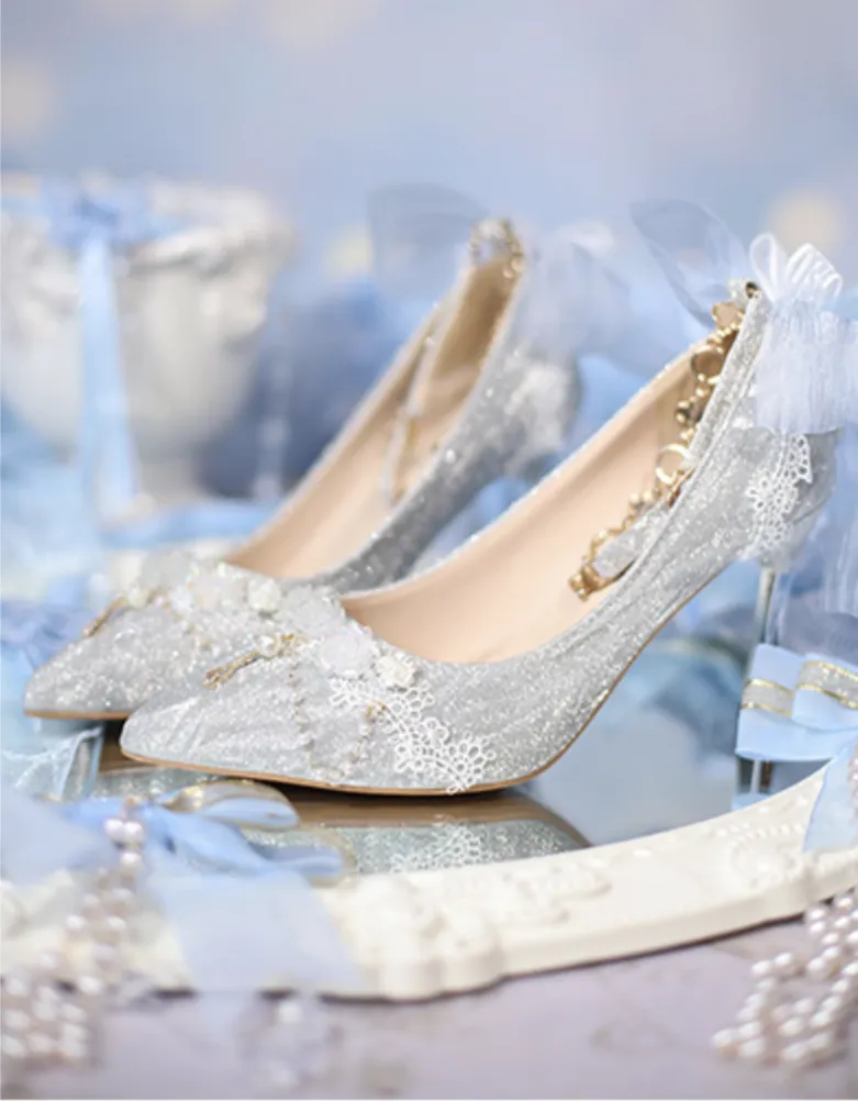 Sky Rabbit~Flowing Light Ode~Thick Heels Silver Lolita Shoes
