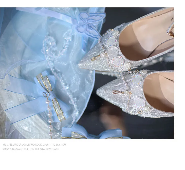 Sky Rabbit~Flowing Light Ode~Thick Heels Silver Lolita Shoes
