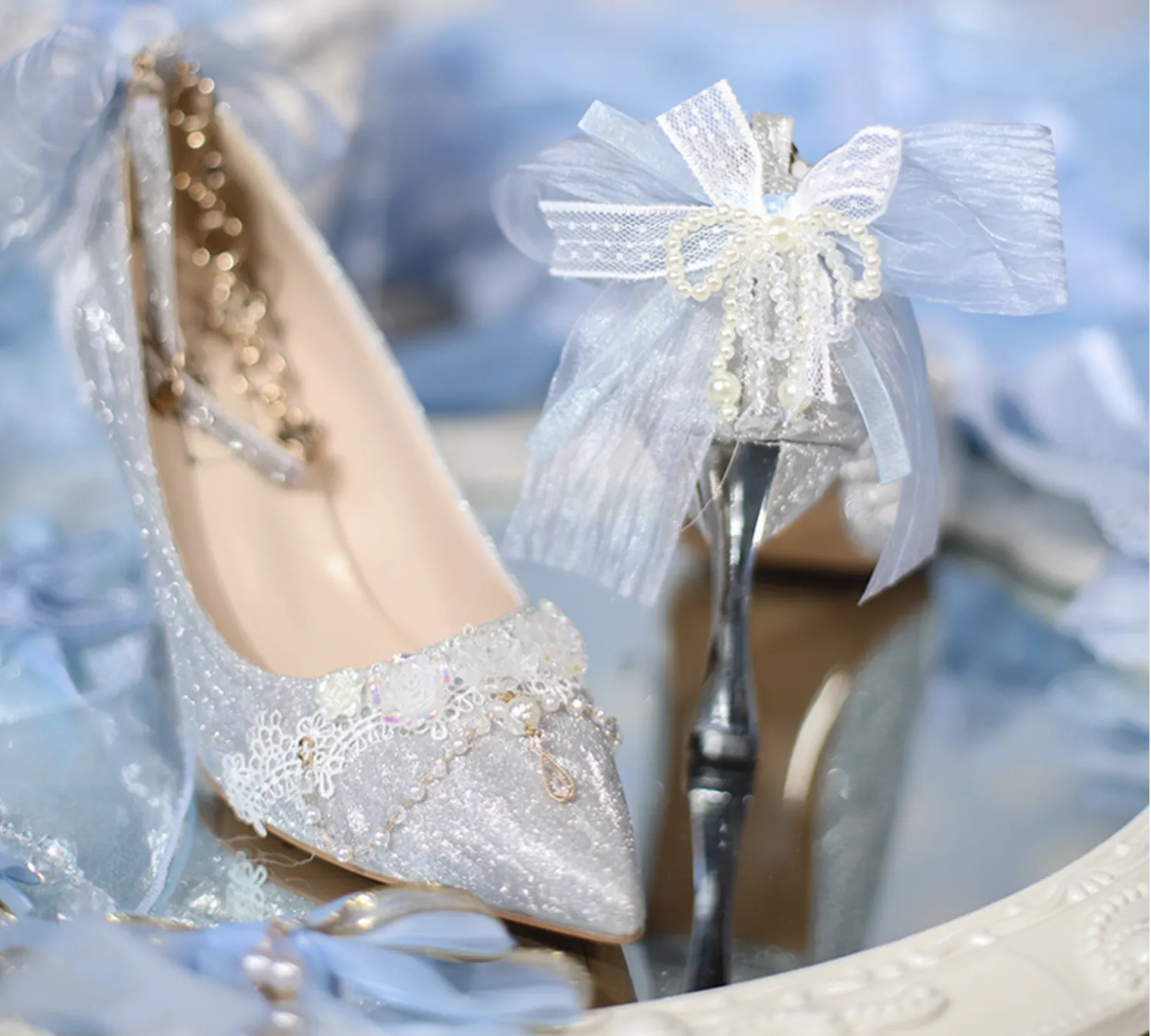 Sky Rabbit~Flowing Light Ode~Thick Heels Silver Lolita Shoes