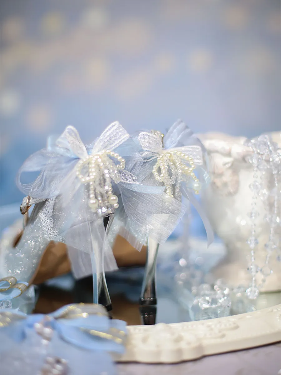Sky Rabbit~Flowing Light Ode~Thick Heels Silver Lolita Shoes