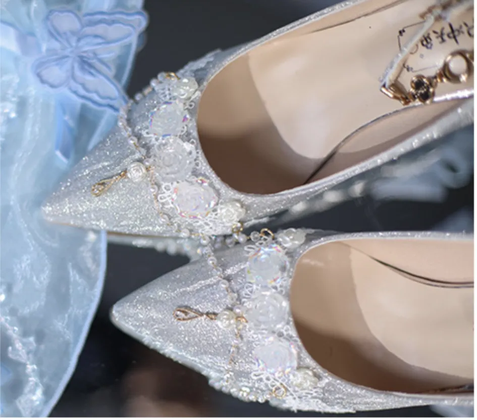 Sky Rabbit~Flowing Light Ode~Thick Heels Silver Lolita Shoes