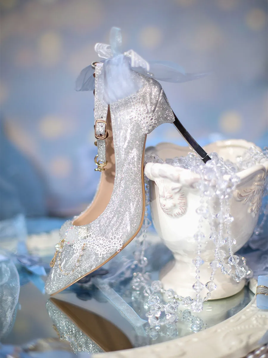 Sky Rabbit~Flowing Light Ode~Thick Heels Silver Lolita Shoes