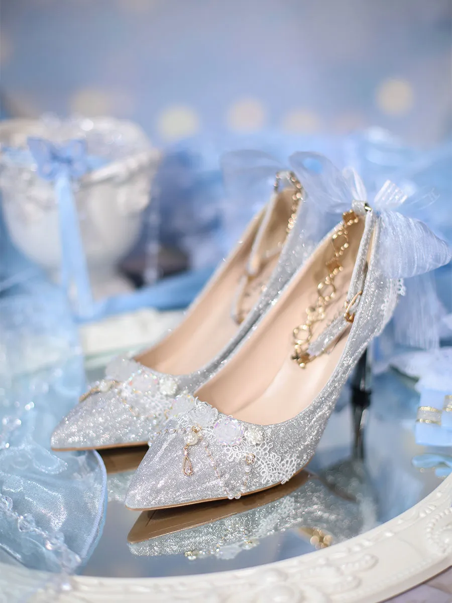 Sky Rabbit~Flowing Light Ode~Thick Heels Silver Lolita Shoes