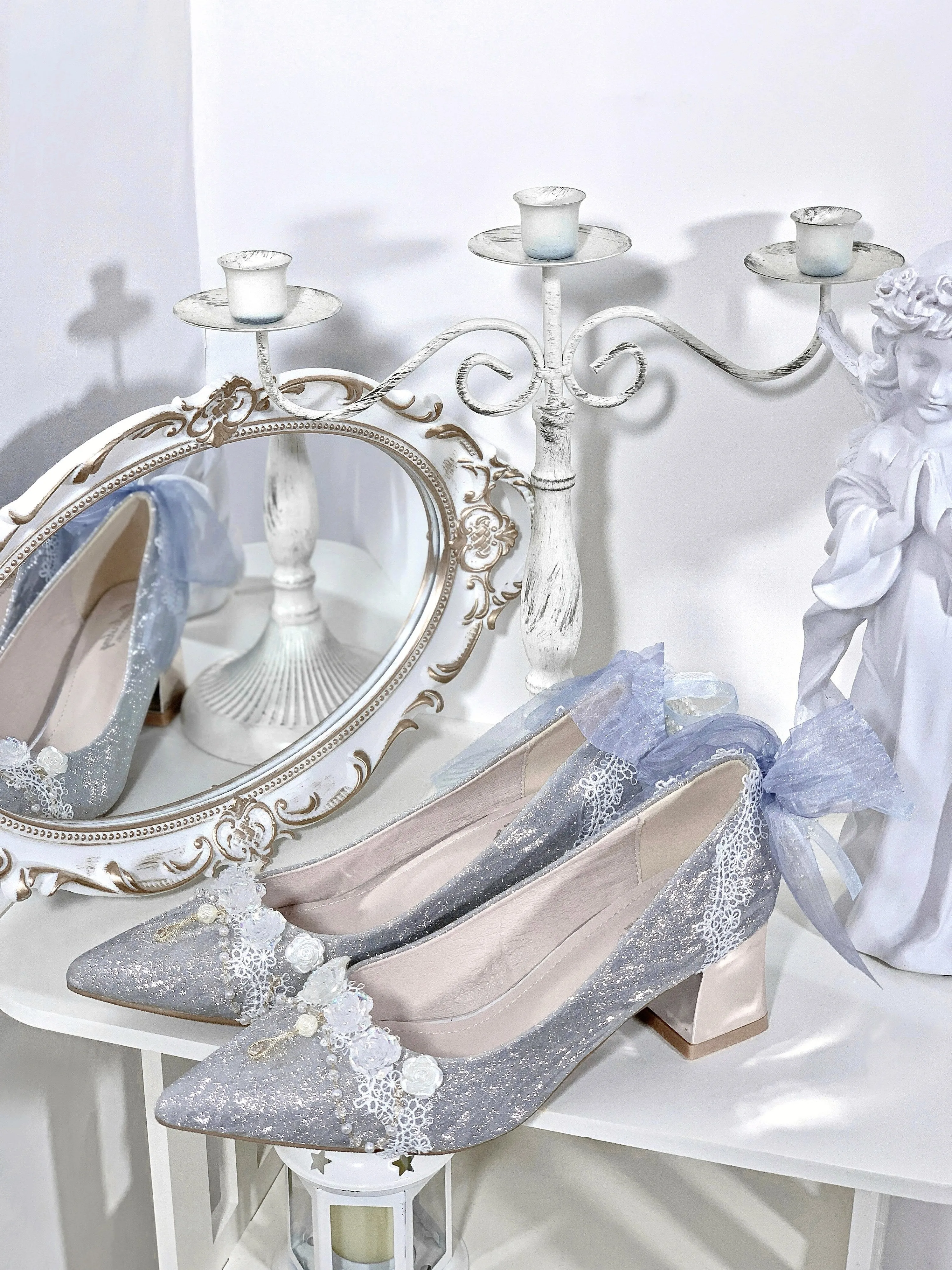Sky Rabbit~Flowing Light Ode~Thick Heels Silver Lolita Shoes