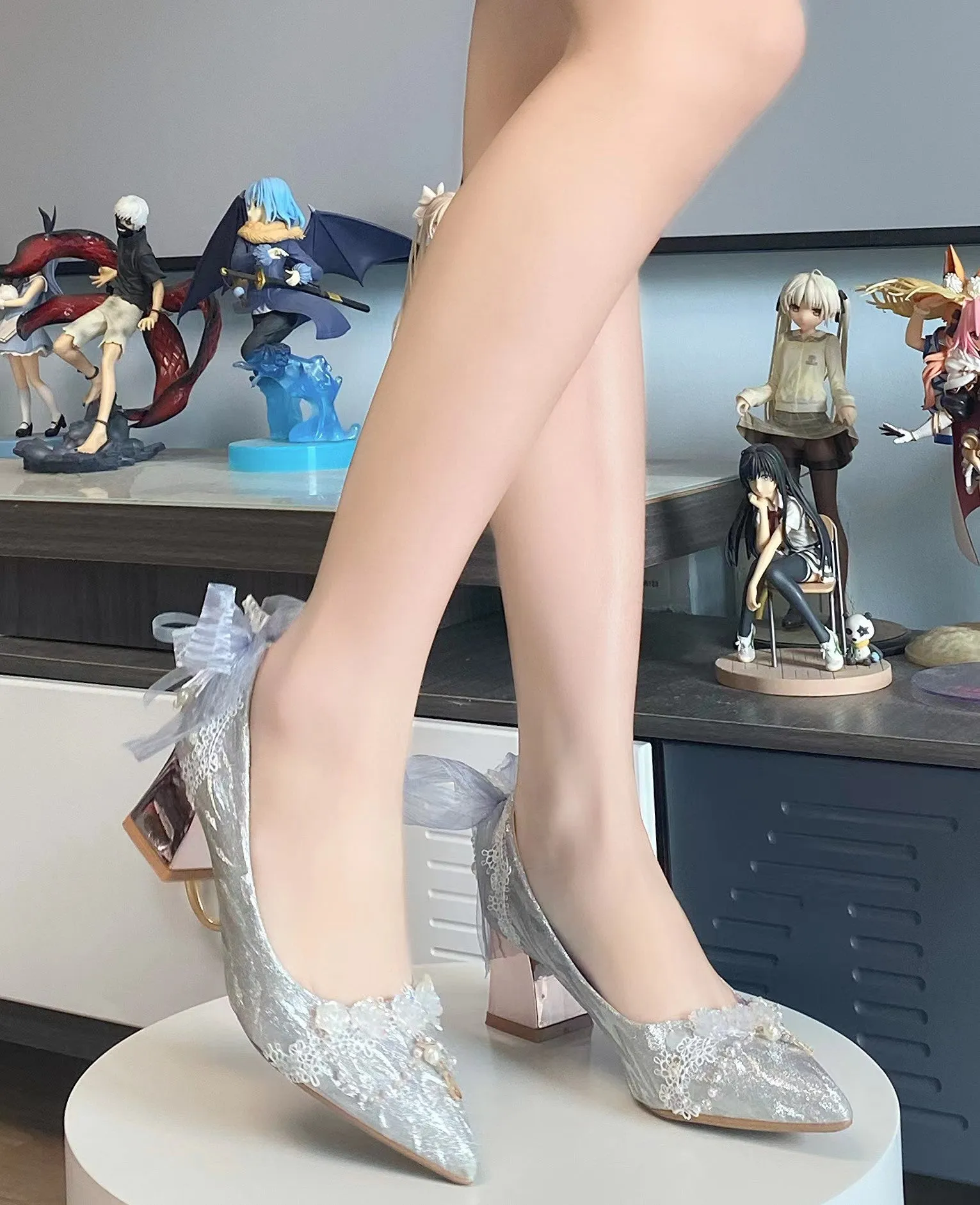 Sky Rabbit~Flowing Light Ode~Thick Heels Silver Lolita Shoes
