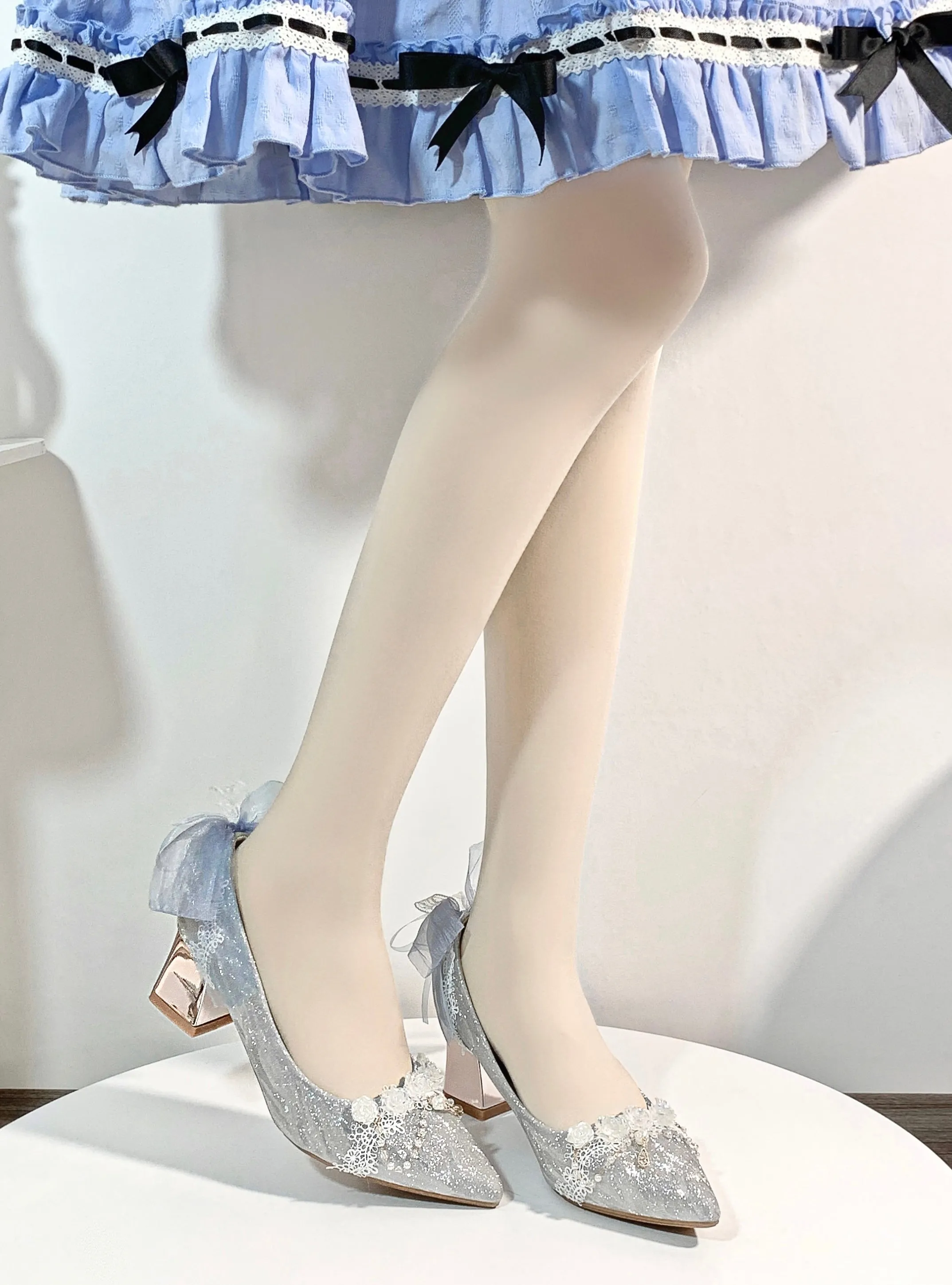 Sky Rabbit~Flowing Light Ode~Thick Heels Silver Lolita Shoes
