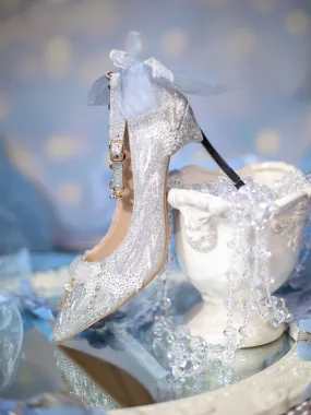 Sky Rabbit~Flowing Light Ode~Thick Heels Silver Lolita Shoes