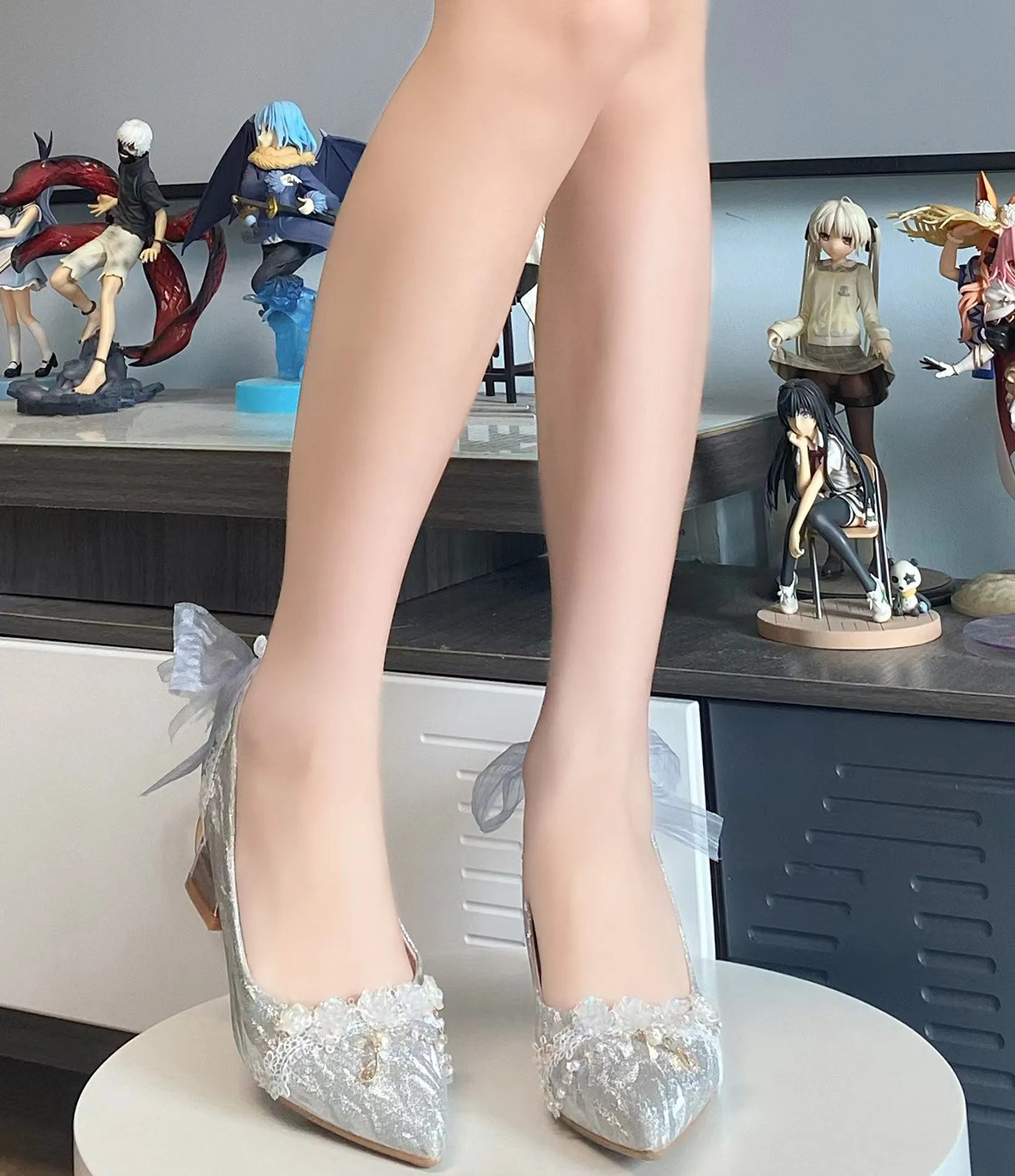 Sky Rabbit~Flowing Light Ode~Thick Heels Silver Lolita Shoes