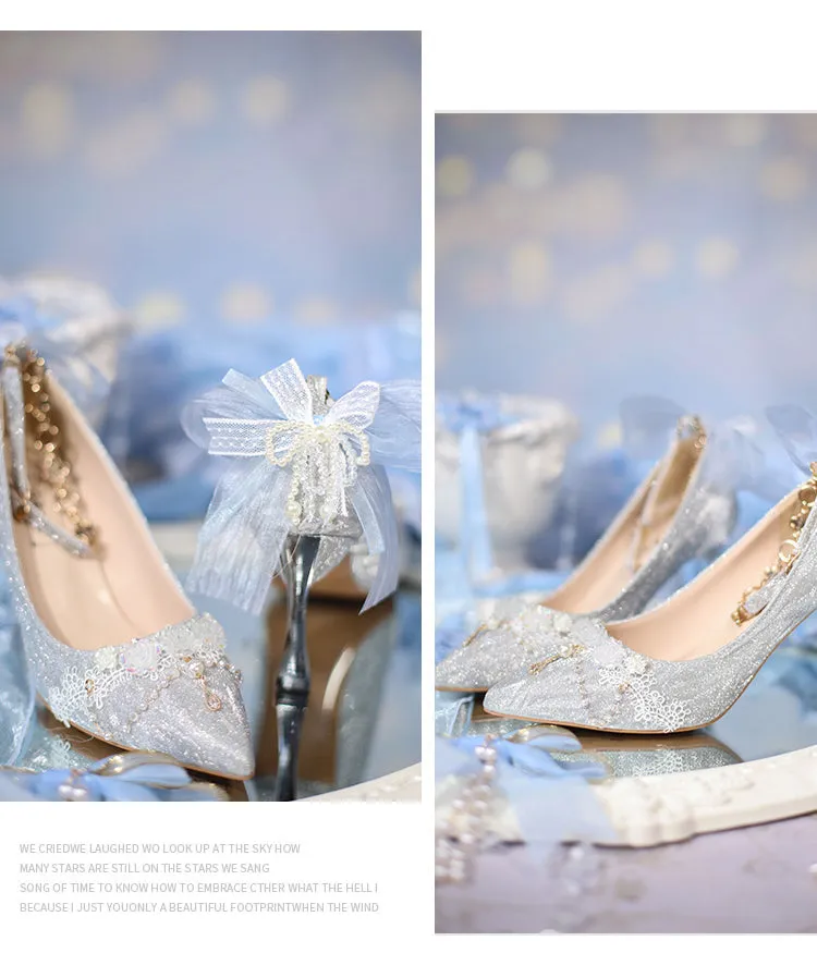 Sky Rabbit~Flowing Light Ode~Thick Heels Silver Lolita Shoes
