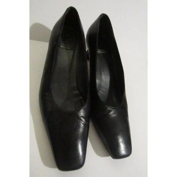Stuart Weitzman Black Leather Square Toe Kitten Heels