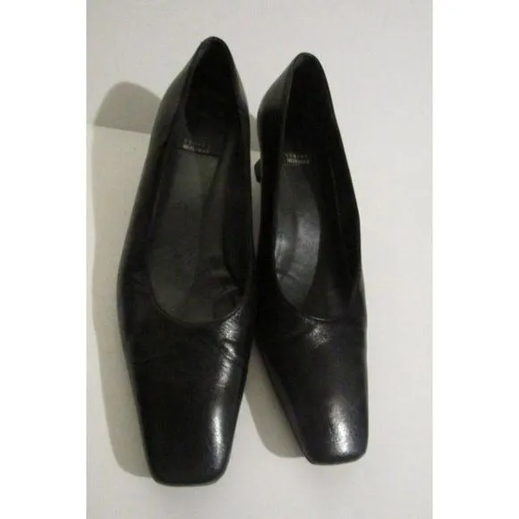 Stuart Weitzman Black Leather Square Toe Kitten Heels