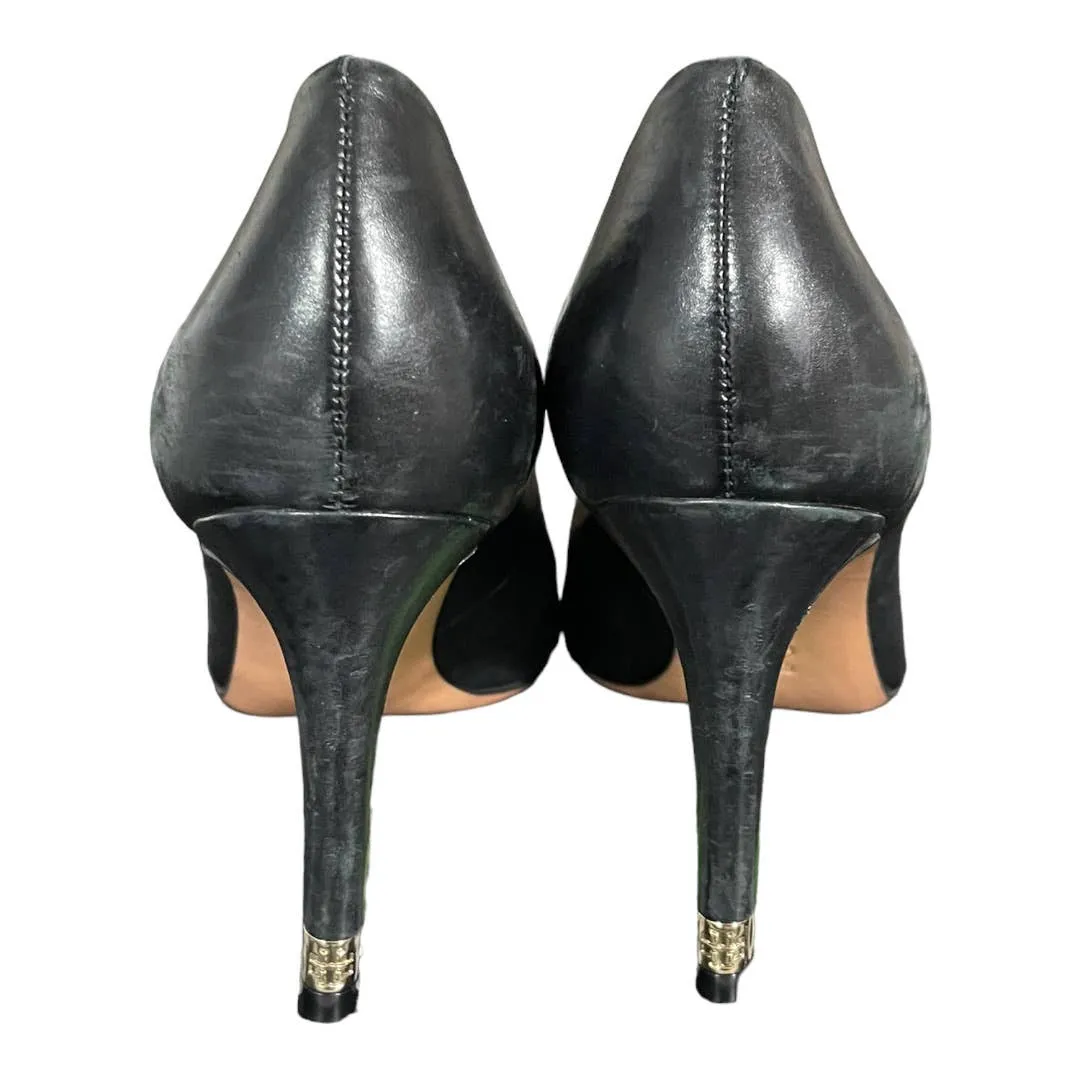 Tory Burch Round Toe Leather Pumps Heels Shoes Size 9 Gold Logo