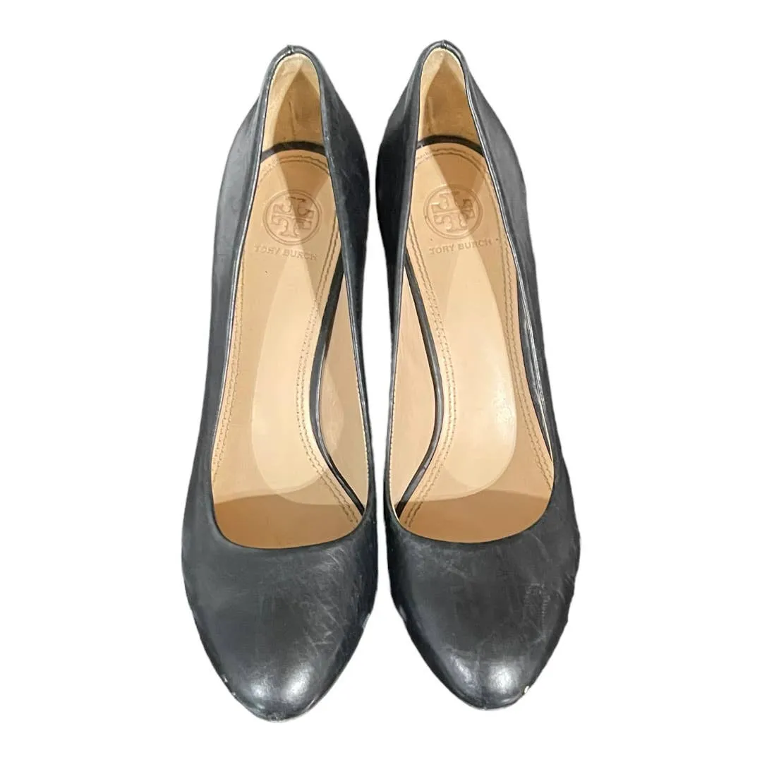 Tory Burch Round Toe Leather Pumps Heels Shoes Size 9 Gold Logo
