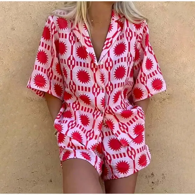 Women's Geometric Print Co-ord Set: Relaxed Fit Shirt & Shorts