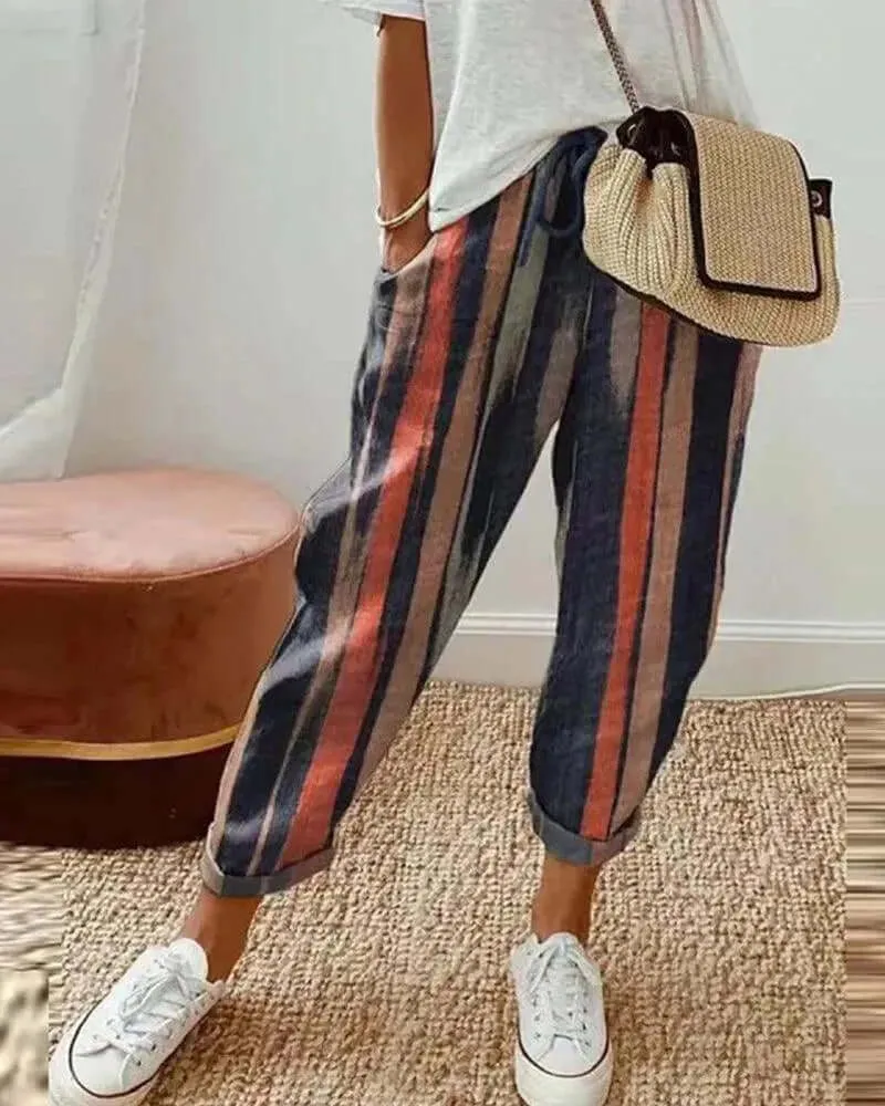 Women's Striped Cotton Linen Casual Pants: Relaxed Fit, Drawstring Waist