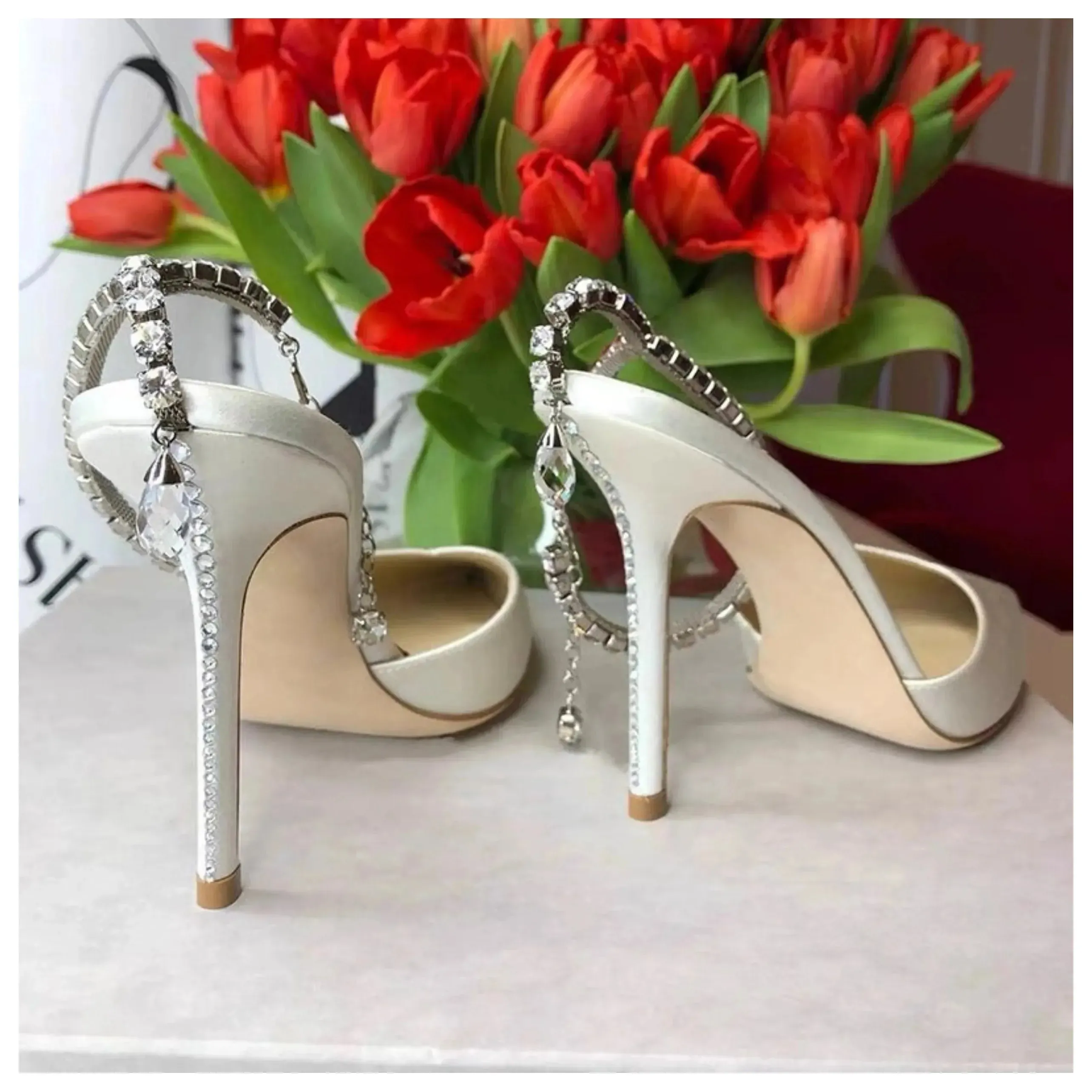 Women's White Satin High Heels Water Diamond Baotou Shoes