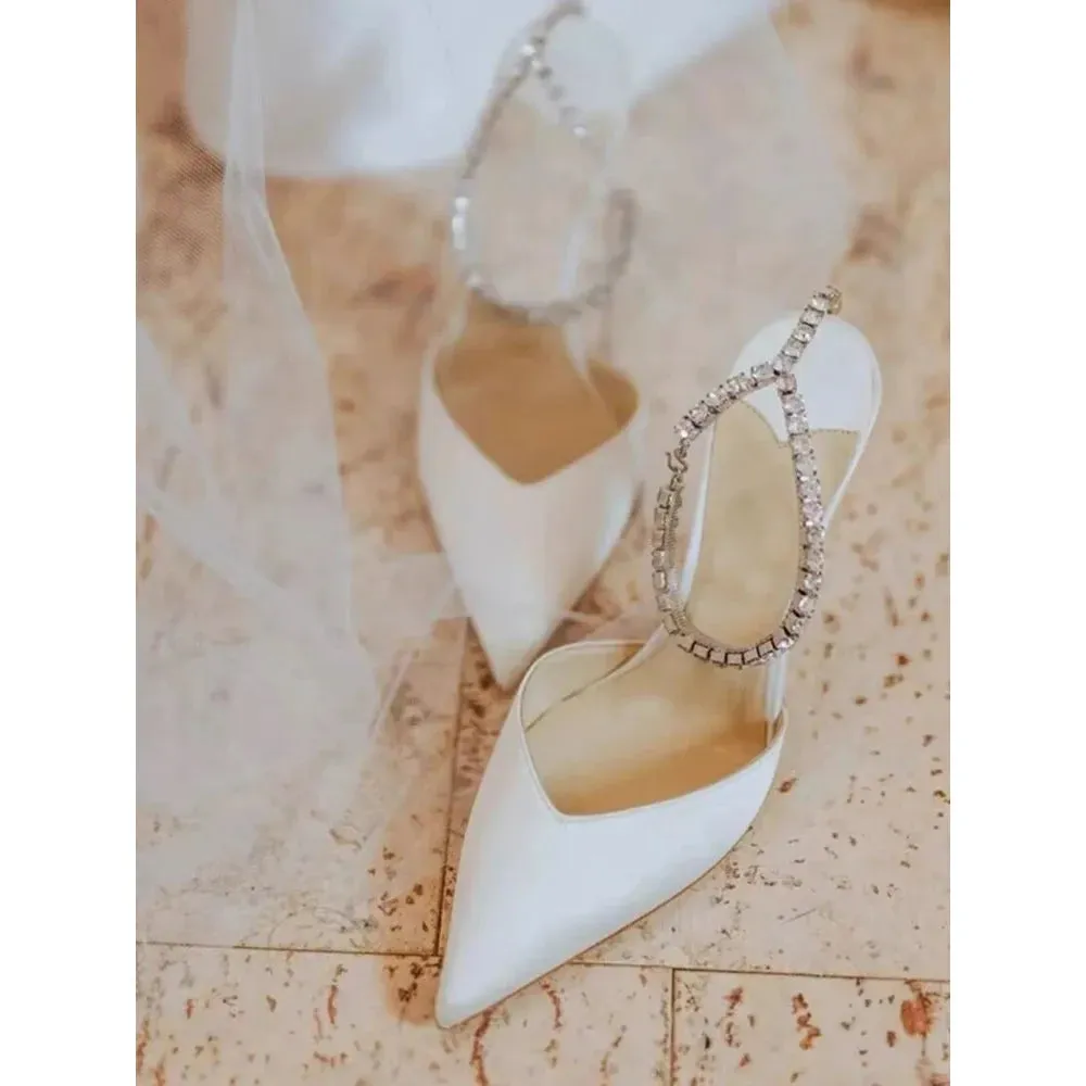 Women's White Satin High Heels Water Diamond Baotou Shoes