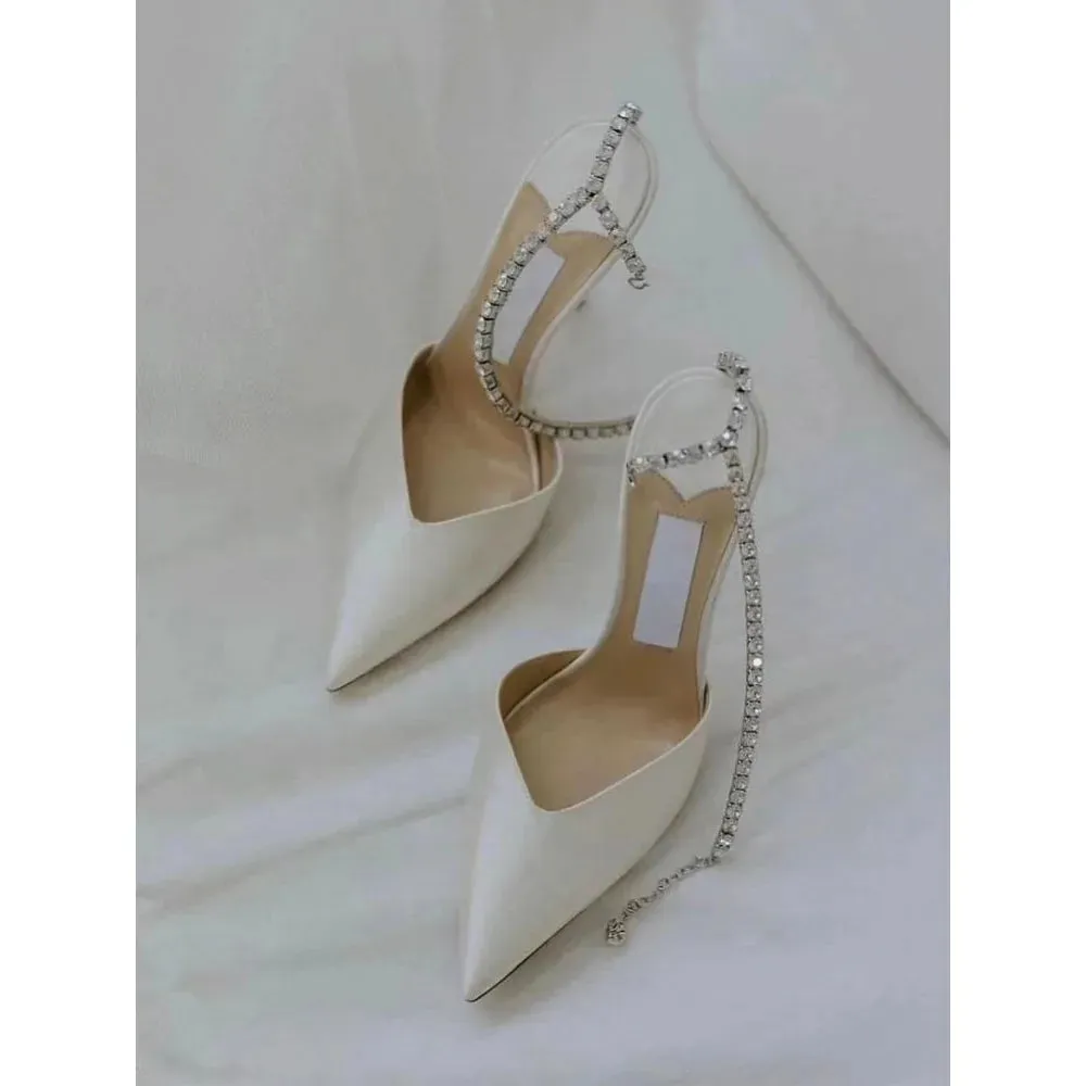 Women's White Satin High Heels Water Diamond Baotou Shoes
