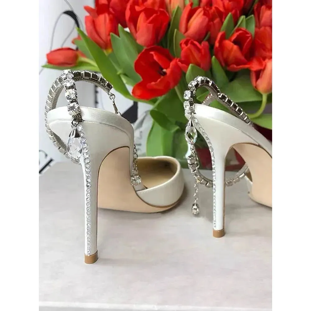 Women's White Satin High Heels Water Diamond Baotou Shoes